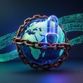 A 3D illustration of a lock and chain symbolizing cyber security on a globe, representing global digital protection.AI generated