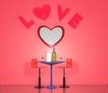 3D rendering love shape, table, chairs and some Loves. pink, red, silver, green and white color for background and mock up object Royalty Free Stock Photo