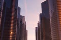 3D illustration Low angle view of skyscrapers. Skyscrapers at sunset looking up perspective. Bottom view of skyscrapers Royalty Free Stock Photo