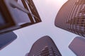 3D illustration Low angle view of skyscrapers. Skyscrapers at sunset looking up perspective. Bottom view of skyscrapers Royalty Free Stock Photo