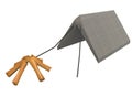 3d illustration of low poly camp tent with wood logs.