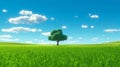 3D illustration of lush green grass field and and a single tree against a blue summerâs sky.