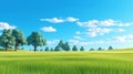 3D illustration of lush green grass parkland and tress against a blue summerâs sky.