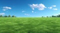 3D illustration of lush green grass parkland and tress against a blue summerâs sky.