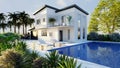 3D illustration of luxury double story villa with swimming pool