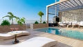 3D illustration of Luxury Patio with pool deck chairs