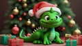 3D illustration of the magic cute green dragon with Christmas Hat