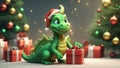 3D illustration of the magic cute green dragon with Christmas Hat