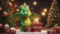 3D illustration of the magic cute green dragon with Christmas Hat