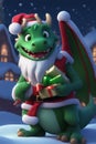 3D illustration of the magic cute green dragon with Christmas Hat