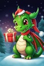 3D illustration of the magic cute green dragon with Christmas Hat