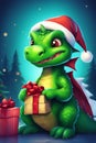 3D illustration of the magic cute green dragon with Christmas Hat