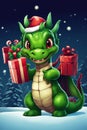 3D illustration of the magic cute green dragon with Christmas Hat