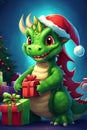3D illustration of the magic cute green dragon with Christmas Hat