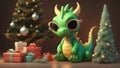 3D illustration of the magic cute green dragon with Christmas Hat