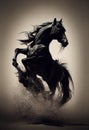 3d illustration of a majestic horse. Detailed close up portrait. Dirt, water, galloping, race. Generative AI illustration