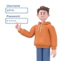3D illustration of male guy Qadir admin network engineer pushing username and password fields login box Royalty Free Stock Photo