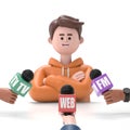 3D illustration of male guy Qadir being interviewed media.3D rendering on white background.