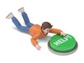 3D illustration of male guy Qadir crawling to the help button.3D rendering on white background.