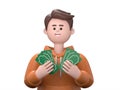 3D illustration of male guy Qadir holding money bills, positively surprised, space for textadvertising concept,