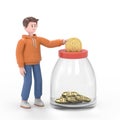3D illustration of male guy Qadir throws gold coin in a box for donations. Golden coin in hand. Donate, giving money