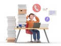 3D illustration of male guy Qadir.Tired and exasperated office worker is grabbed his head among piles of papers and documents Royalty Free Stock Photo