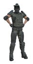 Illustration of a male soldier in full gear wearing sunglasses with hands on his hips looking forward isolated on a white Royalty Free Stock Photo