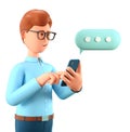 3D illustration of man chatting on the smartphone and speech bubble. Cartoon smiling businessman talking and typing on the phone. Royalty Free Stock Photo