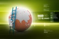 3d man climbing the Globe with the help of ladder in color back ground Royalty Free Stock Photo