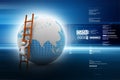 3d man climbing the Globe with the help of ladder in color back ground Royalty Free Stock Photo