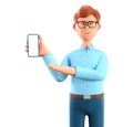 3D illustration of man holding smartphone and showing at screen. Close up portrait of smiling businessman pointing hand at phone Royalty Free Stock Photo