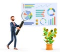 3D illustration of man with huge magnifying glass researching a business dashboard with graphs and infographics.