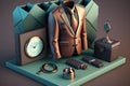 3d illustration of a man\'s suit, briefcase, watch, wallet and clock