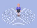 3D illustration of man standing in the center of a maze.artwork concept depicts challenge, finding the way out, escape,