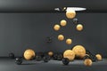 3d illustration of many black and yellow balls falling