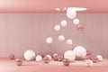 3d illustration of many pink and white balls falling from ceiling