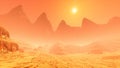 3D rendering of a Mars like desert landscape with a sand storm, mountains and orange sky Royalty Free Stock Photo