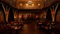 3D illustration of medieval great hall dining room with tables set for a royal feast