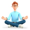 3D illustration of meditating man sitting on the floor in yoga lotus position. Cute cartoon relaxing smiling businessman