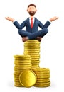 3D illustration of meditating man, successful investor sitting on a huge stack of gold coins.