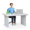 3d illustration men sitting at the workplace. Human working on a laptop. Employee, businessman, freelancer, worker, student at tab Royalty Free Stock Photo