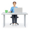 3d illustration men sitting at the workplace. Human working on a laptop. Employee, businessman, freelancer, worker, student at tab