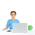 3d illustration men sitting at the workplace. Human working on a laptop. Employee, businessman, freelancer, worker, student at tab Royalty Free Stock Photo