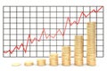 3d illustration: Metal copper-gold coins graph chart stock market with red line - arrow on a white background isolated. Profit in