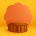 3D illustration of Mid Autumn Mooncake shape podium stage with flower shape blank card isolated on plain background