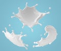 3d illustration, milk splash set with assorted jet shapes. Abstract liquid clip art collection, isolated on blue background. White