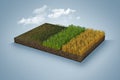 3d illustration of mini farm isolated. Plants isolated on soil island. micro world concept.