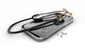 3D illustration, Mobile phone repair. Broken mobile phone with stethoscope.