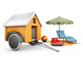 3d Illustration of Mobile Trailer House with Sun umbrella, chair and toys