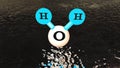 3D Illustration model of the water molecule H2O, H2O floating over water ,water chemical formula Royalty Free Stock Photo